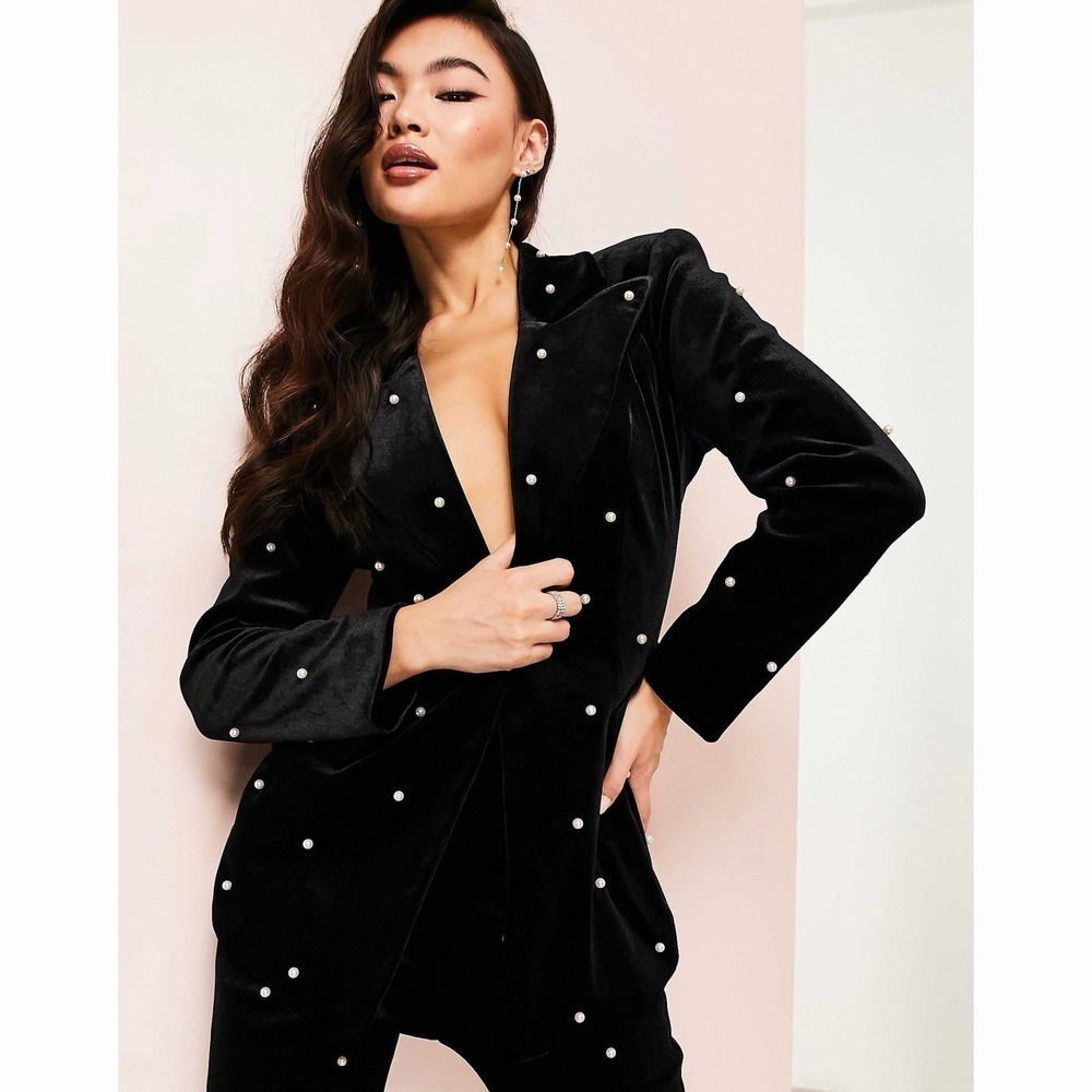 NWT Asos Luxe Pearl Embellished Black Velvet Chic Fitted Blazer Jacket